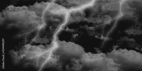 Thunder, lightnings and rain on a stormy summer night in black and white. Lightning bolts in the sky at night. Different lightning bolts isolating on black.  Bright light flare and sparks .
