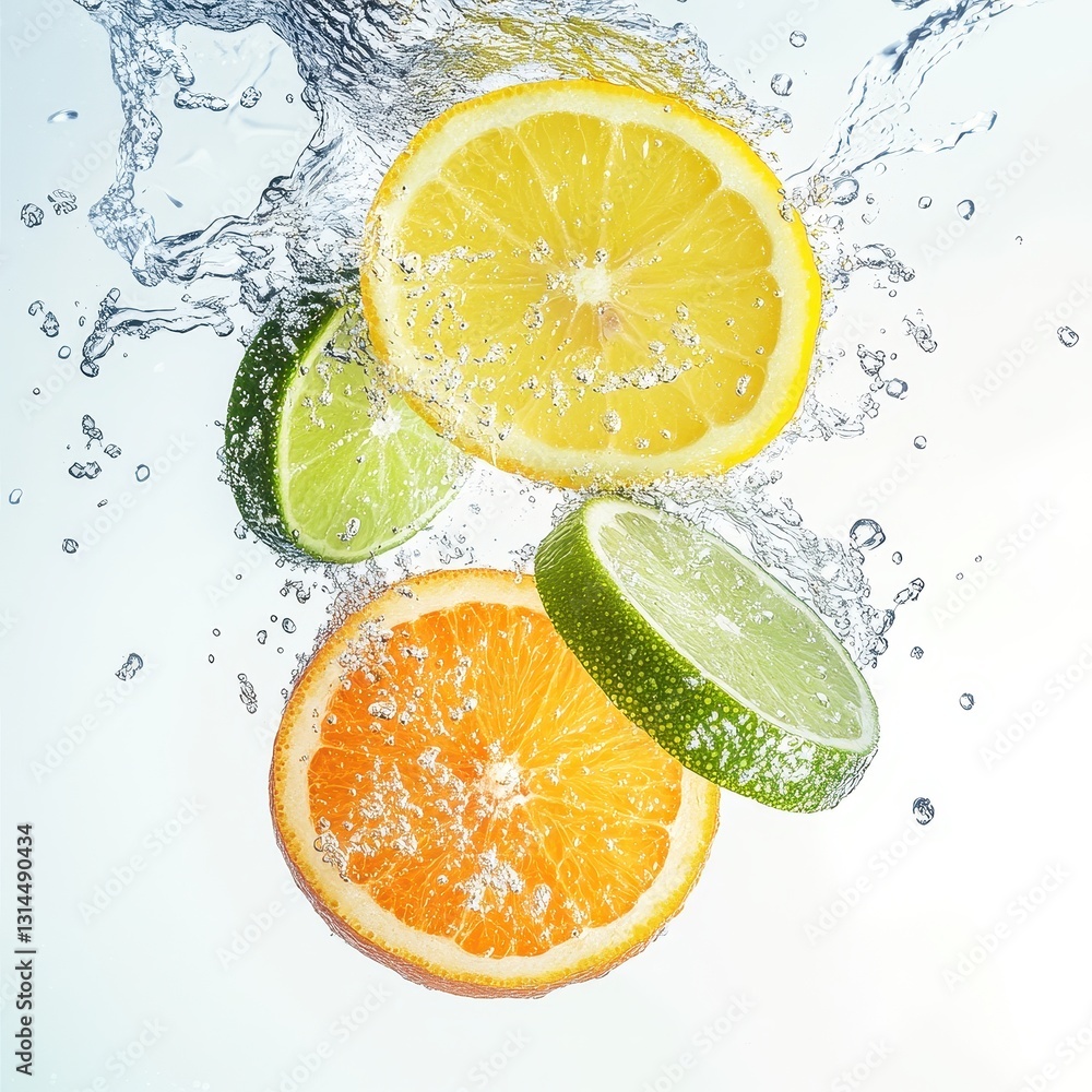 Citrus Fruits Splashing In Water With Vibrant Colors. Citrus Fruits Splashing In Water With Vibrant Colors.