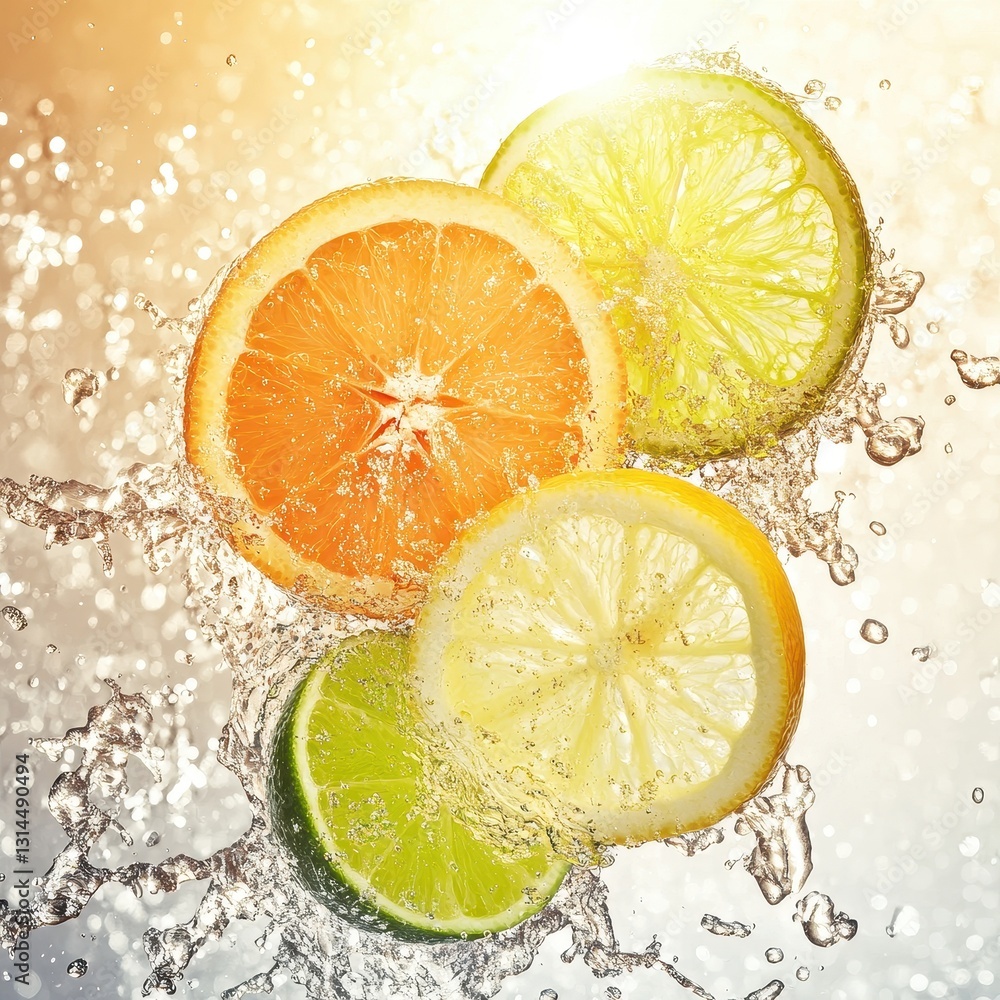 Citrus Slices In Sunlight With Sparkling Water Splash. Citrus Slices In Sunlight With Sparkling Water Splash.