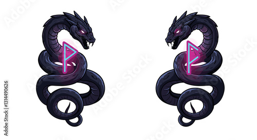 A stylized black serpent with two heads and glowing symbols, possibly representing duality or power.
