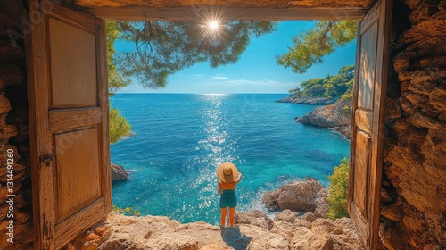 Wallpaper Mural Coastal Serenity: A Woman's Tranquil View Through an Ancient Doorway Torontodigital.ca