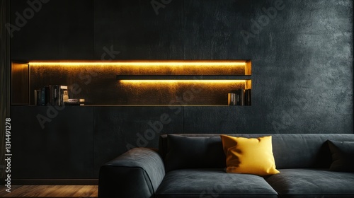 Modern dark living room with recessed lighting and yellow accent pillow