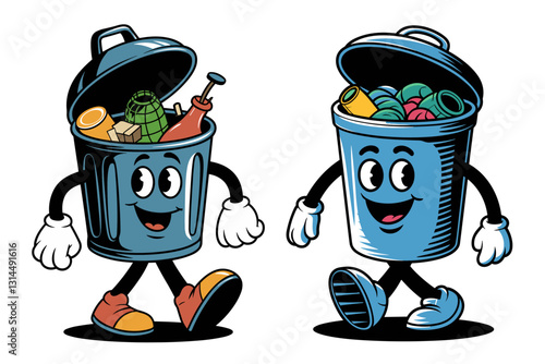 Two cheerful cartoon trash cans walk together, vector groovy illustration