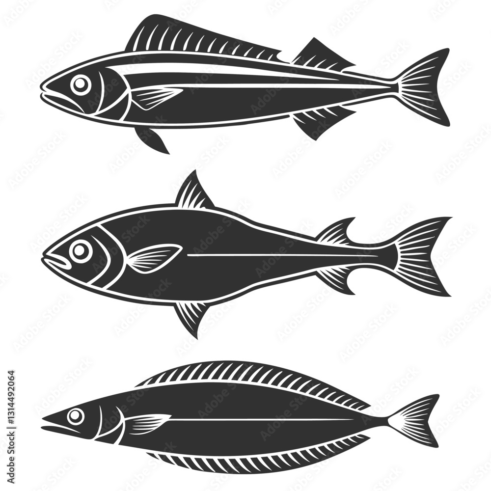 Fototapeta premium Coastal Fish Silhouette Collection: Barracuda, Halibut, Coastal Fish Silhouette Collection Barracuda, Halibut, Anchovy, and Flounder