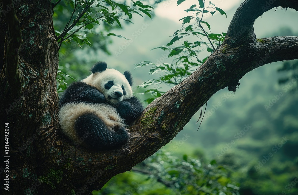 Obraz premium A panda sleeping on the branch of an old tree, surrounded by lush greenery and tall trees