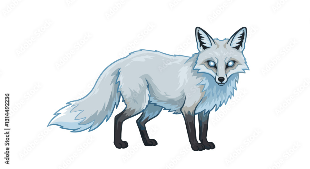A stylized illustration of a gray fox with a fluffy tail and striking blue eyes. A stylized illustration of a gray fox with a fluffy tail and striking blue eyes.