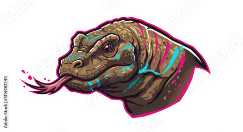 A stylized illustration of a Komodo dragon with vibrant colors and a fierce expression.