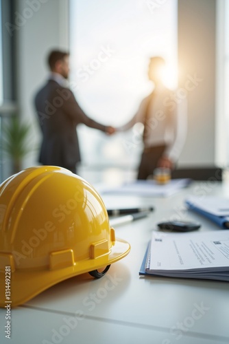 Construction Deal  Businessmen Handshake  Yellow Hard Hat  Contract