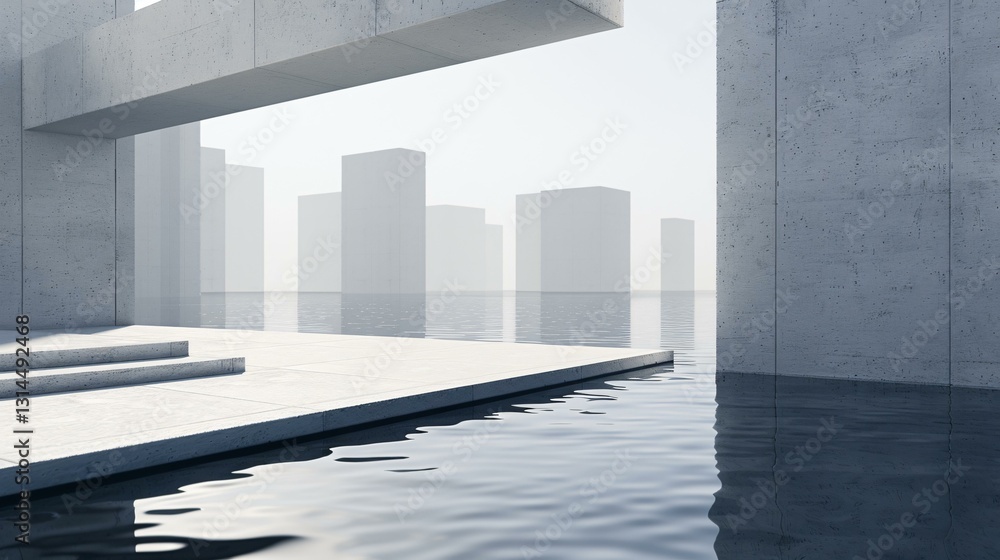 Obraz premium Futuristic brutalist megastructure with overlapping concrete layers, dystopian cityscape, raw industrial style