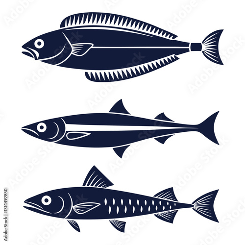 Aquatic Fish Silhouettes Featuring Barracuda, Halibut, Anchovy, and Flounder