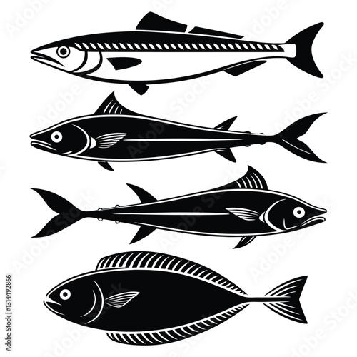 Underwater Wildlife Silhouette Set Barracuda, Halibut, Anchovy, and Flounder