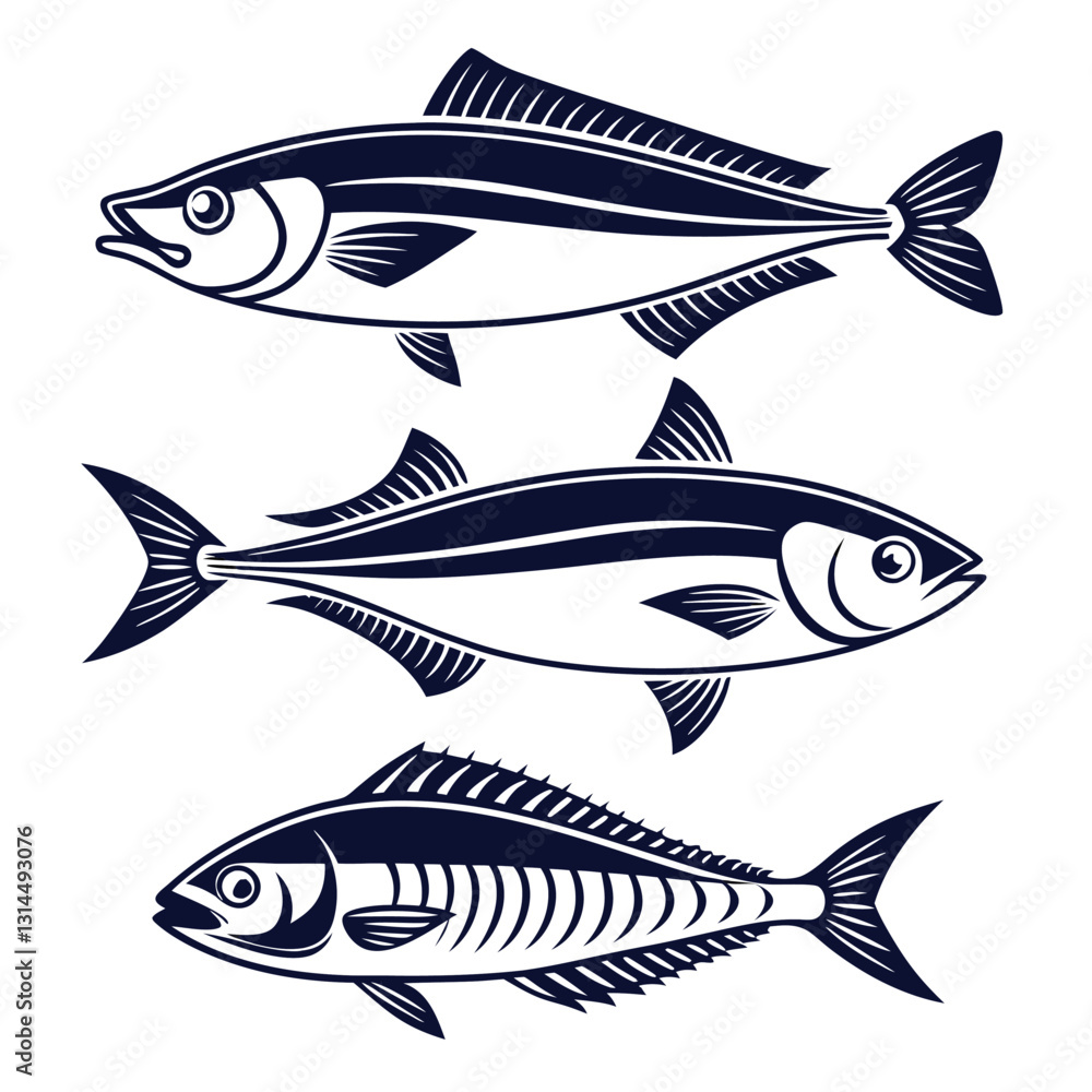 Fototapeta premium Fishing Vector Silhouettes of Barracuda, Halibut, Anchovy, and Flounder