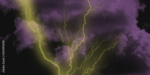 Thunder, lightnings and rain on a stormy summer night in black and white. Lightning bolts in the sky at night. Different lightning bolts isolating on black.  Bright light flare and sparks .
