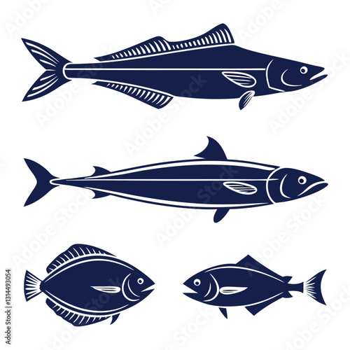 Monochrome Fish Silhouette Set with Barracuda, Halibut, Anchovy, and Flounder