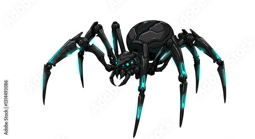 A stylized robotic spider with glowing blue accents and mechanical features.