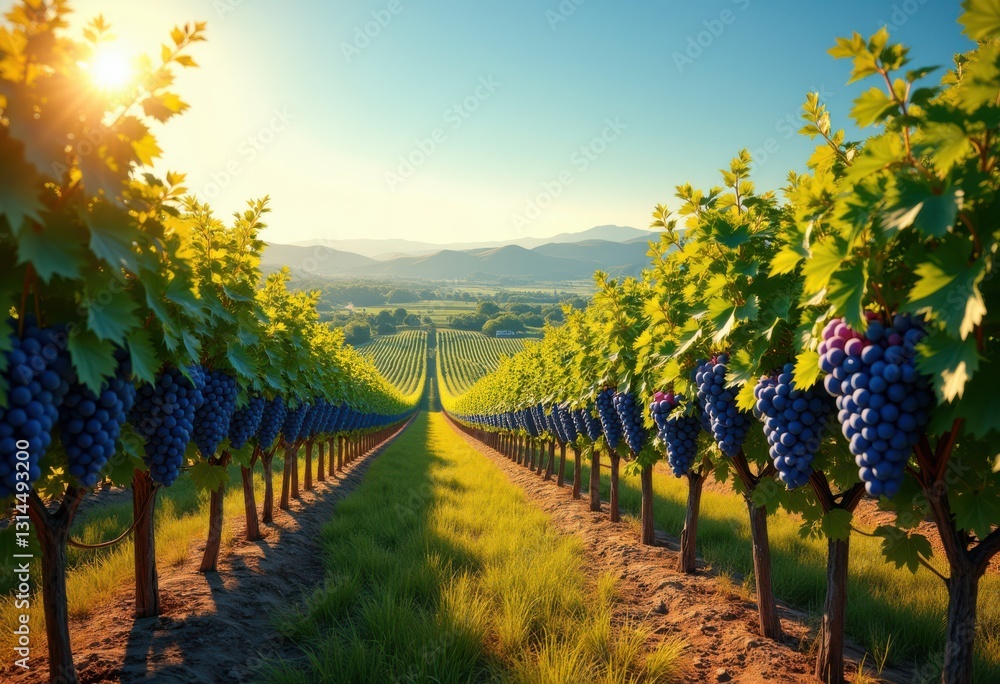 Fototapeta premium bountiful vineyards full ripe grapes bathed warm summer sunshine under clear blue skies, abundance, agriculture, azura, berry, blossoming, countryside