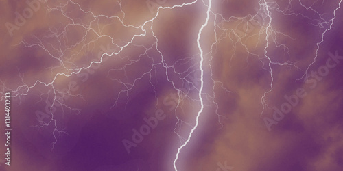 Thunder, lightnings and rain on a stormy summer night in black and white. Lightning bolts in the sky at night. Different lightning bolts isolating on black.  Bright light flare and sparks .
