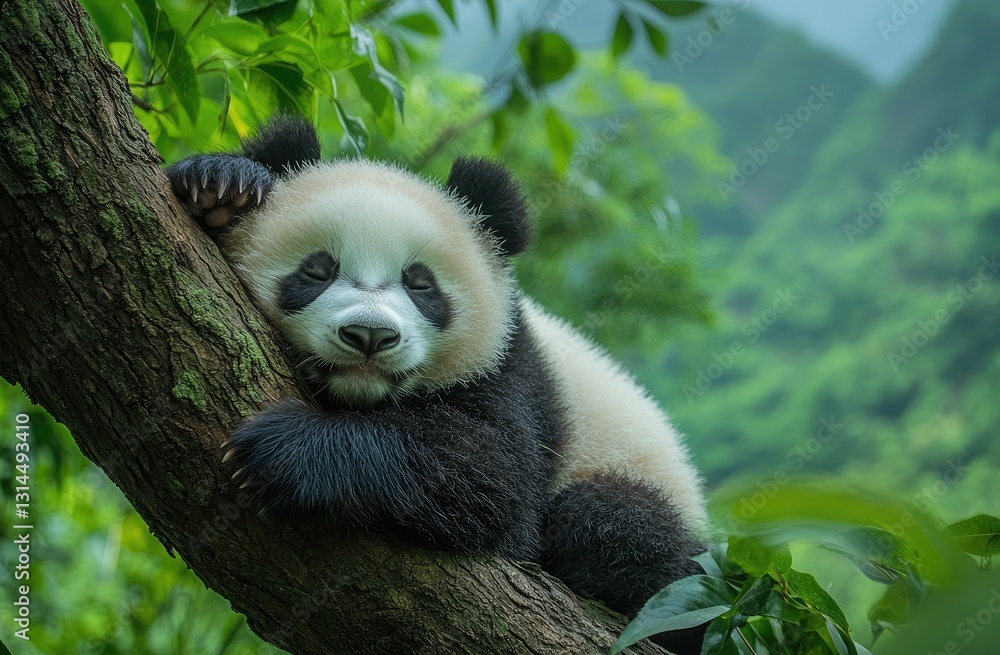 Obraz premium A panda sleeping on the branch of an old tree, surrounded by lush greenery and tall trees