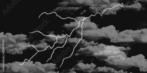 Thunder, lightnings and rain on a stormy summer night in black and white. Lightning bolts in the sky at night. Different lightning bolts isolating on black.  Bright light flare and sparks .
