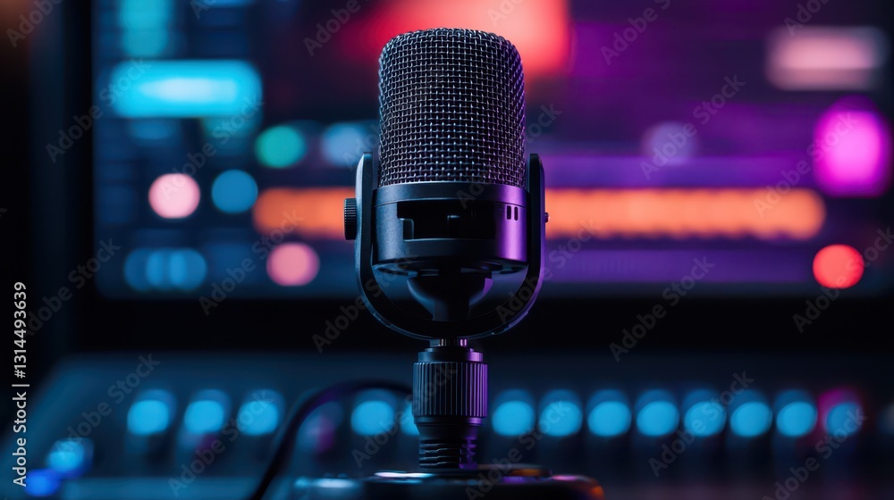 Studio microphone in vibrant audio production environment Studio microphone in vibrant audio production environment