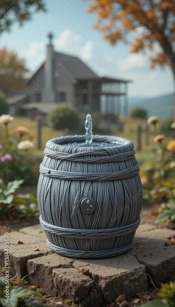 Serene Backyard Water Fountain Gray Barrel Design near House Serene Backyard Water Fountain Gray Barrel Design near House
