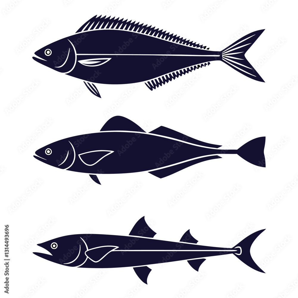Fototapeta premium Set of Black Silhouettes Featuring Barracuda, Halibut, Anchovy, and Flounder