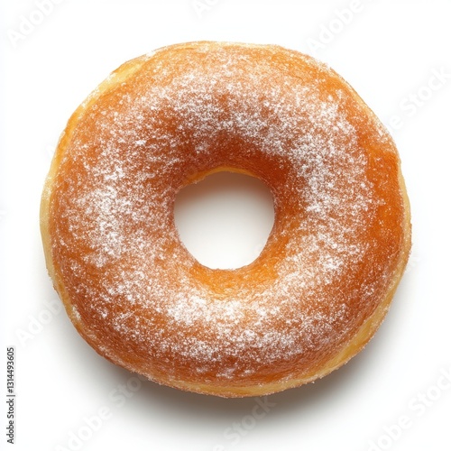 Obraz na płótnie Delicious golden donut with powdered sugar topping on white backdrop in bright studio light for breakfast treat w salonie