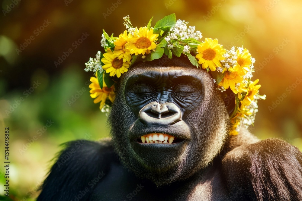 Fototapeta premium Summer happiness. Cute adult animal gorilla wearing fierce flower wreath on its head. Sunny daylight. Animal in a field of wildflowers. Wild animal soaking in the sun. Dreamy wilderness scen.