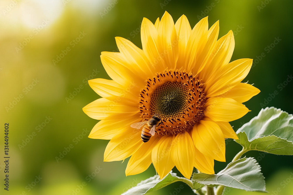 Fototapeta premium In a vibrant summer garden, a close-up view reveals a sunflower in full bloom, its petals glowing in sunlight as a bee busily gathers nectar, surrounded by a gently blurred green backdrop