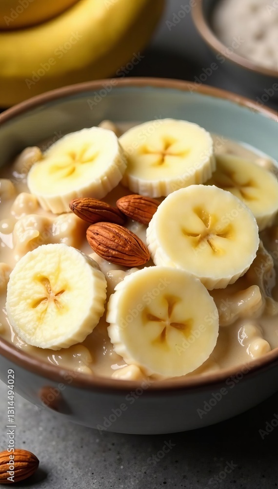 Close-up of a bowl of creamy oatmeal with sliced bananas and almonds on top, meal, oat Close-up of a bowl of creamy oatmeal with sliced bananas and almonds on top, meal, oat