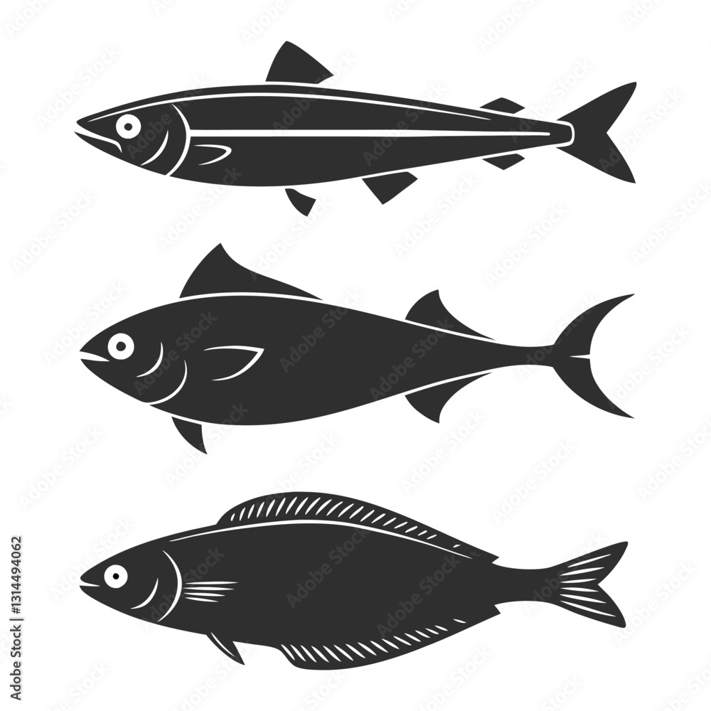 Obraz premium Minimalist Fish Silhouettes Including Barracuda, Halibut, Anchovy, and Flounder