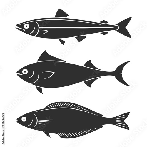 Minimalist Fish Silhouettes Including Barracuda, Halibut, Anchovy, and Flounder