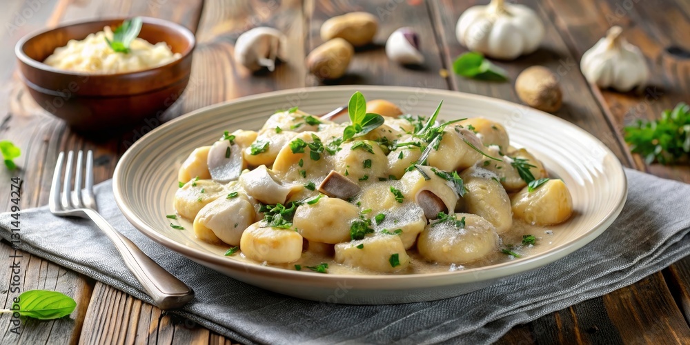 Creamy potato dumplings with mushrooms and herbs, served on a rustic wooden table with a side of grated cheese Creamy potato dumplings with mushrooms and herbs, served on a rustic wooden table with a side of grated cheese