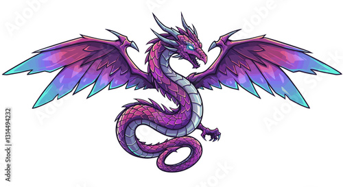 A vibrant, stylized dragon with colorful wings and a serpentine body.