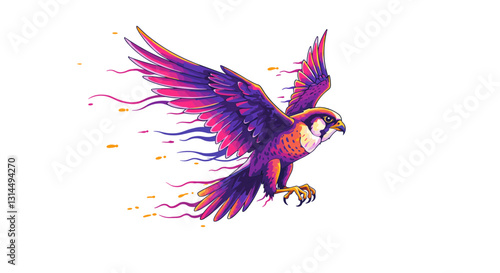 A vibrant, stylized illustration of a flying falcon with colorful wings.