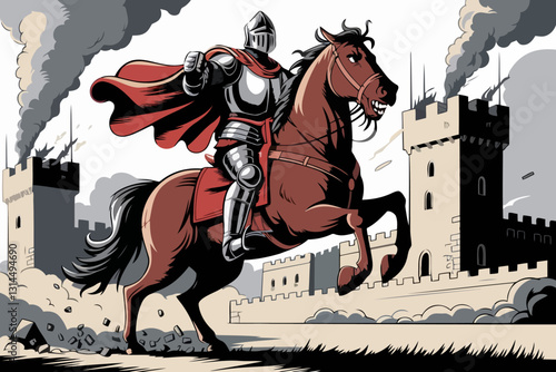 Armored Warrior on Rearing Horse in Epic Siege Scene Illustration