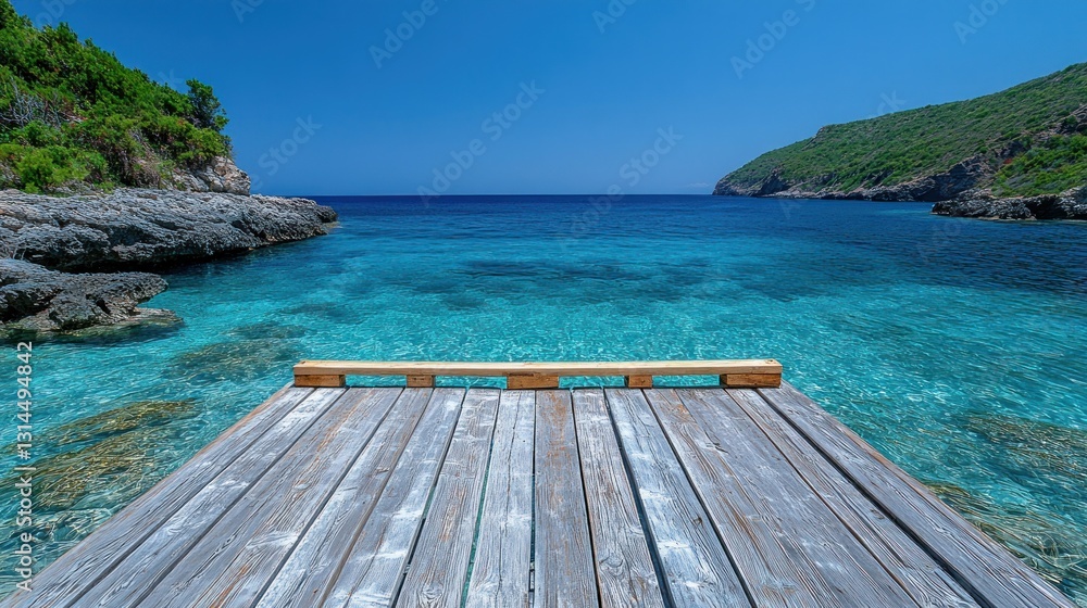 Fototapeta premium Serene Coastal Wooden Dock at Mediterranean Sea