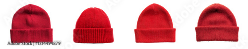 The red ribbed knit wool beanie hat, complete with a foldable brim, is a stylish and warm accessory for colder seasons, presented on a transparent background in png