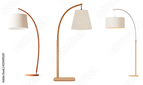 Featuring a wooden base and a beige shade, this modern arc floor lamp is a paragon of minimalist design, perfectly suited to enhance the lighting decor of any home or office, captured on a