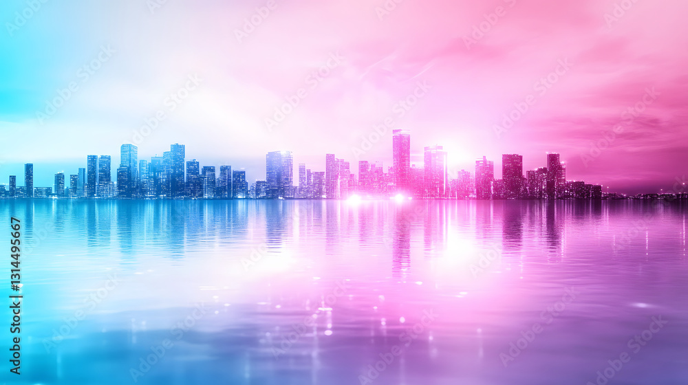 Fototapeta premium City skyline reflecting in water with vibrant pink and blue hues