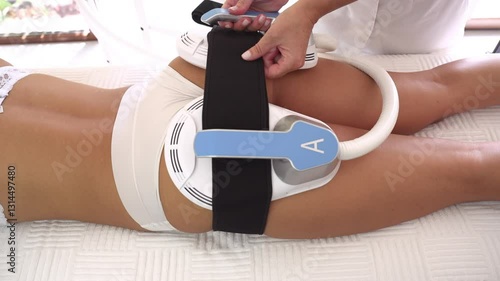 Body contouring and sculpting. Hardware cosmetology. Ultrasound cavitation body contouring treatment, anti-cellulite and anti-fat therapy in beauty salon. Modern beauty treatments concept.