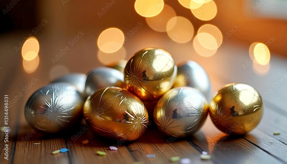 Naklejka premium Golden and Silver Christmas Ornaments with Soft Bokeh