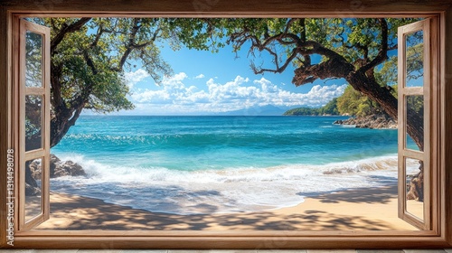 Wallpaper Mural Ocean View Through a Window: Tropical Beach Paradise Torontodigital.ca