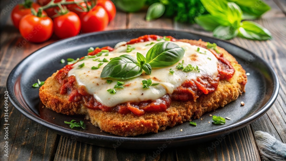 Aromatic breaded cutlet topped with melted cheese and rich tomato sauce, garnished with fresh basil, served on a dark plate Aromatic breaded cutlet topped with melted cheese and rich tomato sauce, garnished with fresh basil, served on a dark plate