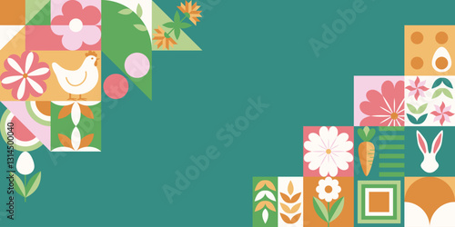 Wielkanocny zielony baner z mozaiką z świątecznymi symbolami. Wiosenny geometryczny wzór z królikiem, jajkami i kwiatami.