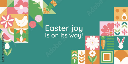 Wielkanocny baner z życzeniami i mozaiką z świątecznymi symbolami. Wiosenny geometryczny wzór z królikiem, jajkami i kwiatami.