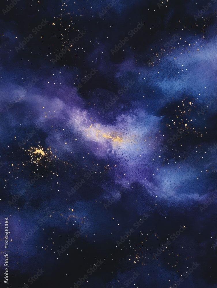 Watercolor Galaxy Painting with Deep Blue and Purple Hues and Golden Star Accents Cosmic Art Watercolor Galaxy Painting with Deep Blue and Purple Hues and Golden Star Accents Cosmic Art