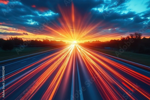 Dynamic motion on highway at sunset with vibrant light trails and dramatic sky creating a sense of speed and energy in scenic landscape