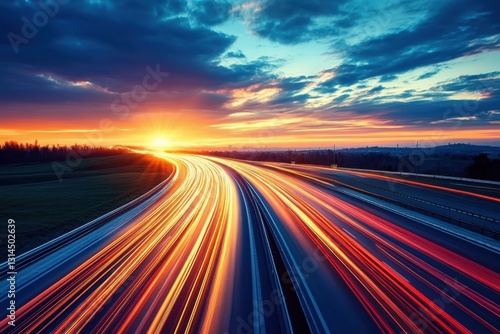 Dynamic highway at sunset with blurred car lights creating a sense of speed and motion under a dramatic sky with vibrant colors