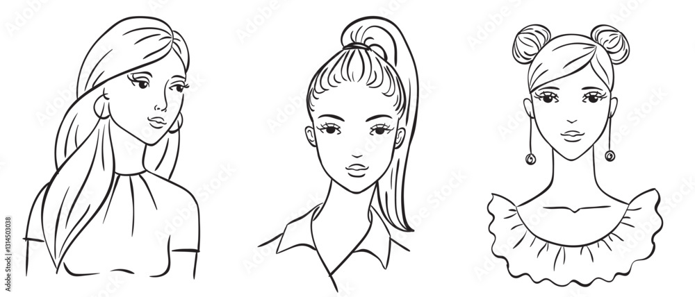 Vector doodle illustrations of cute girls. Women avatars, hand drawn sketches. Vector doodle illustrations of cute girls. Women avatars, hand drawn sketches.